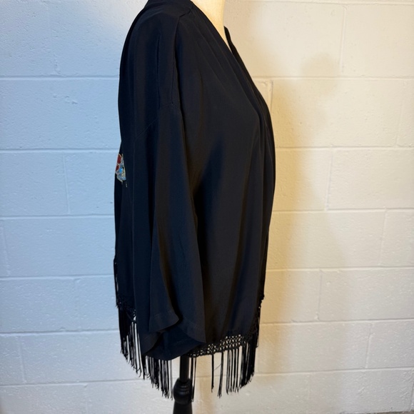Forgotten Grace Black Fringed with Embroidered Back Design Kimono - Picture 6 of 10
